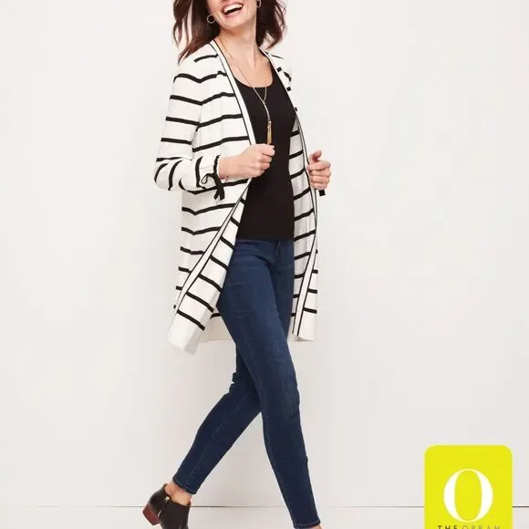 Talbots Oprah collection striped open front cardigan white black size P small - Picture 2 of 8